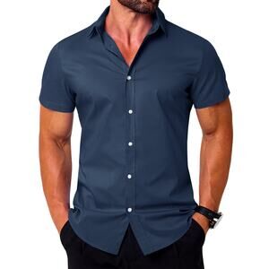 NWT Medium Navy Blue Short Sleeve Slim Fit Business Casual Shirt